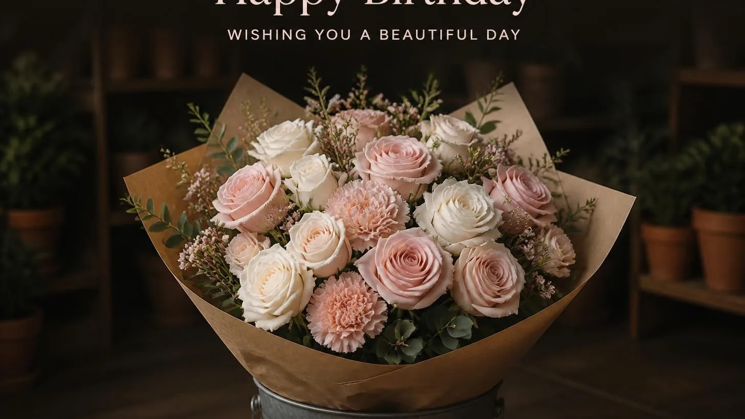 Blush pink and white rose bouquet wrapped in kraft paper, a birthday arrangement from our Georgetown flower shop