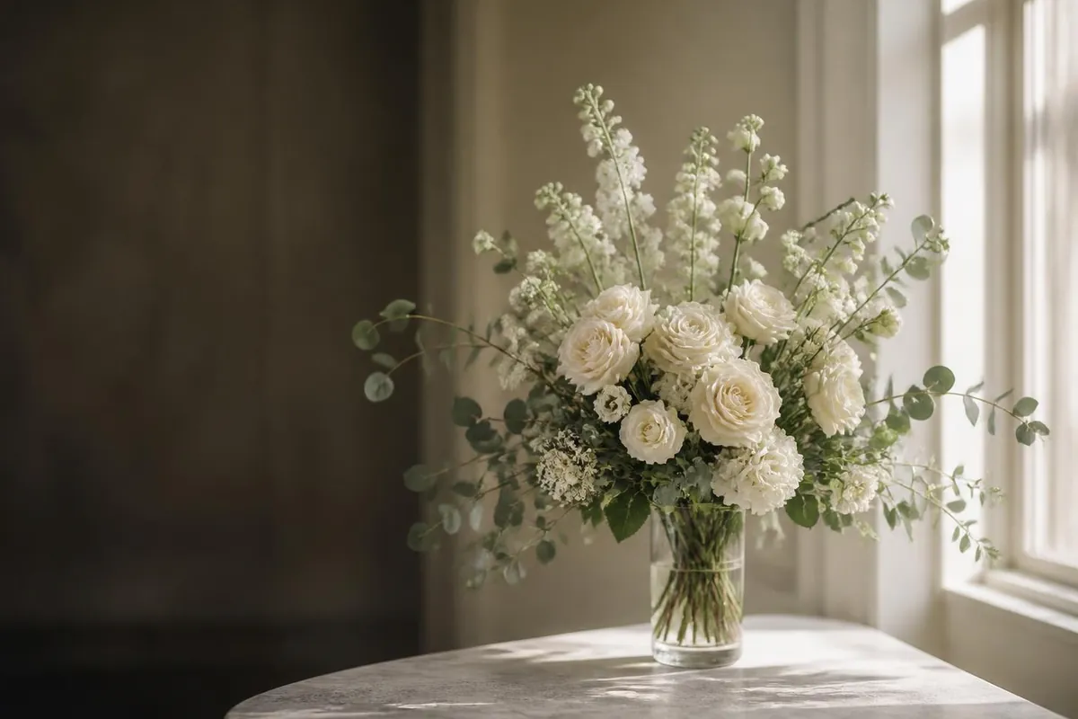 Tall cream and white bridal blooms in a glass vase, styled for weddings and events in Georgetown, Guyana