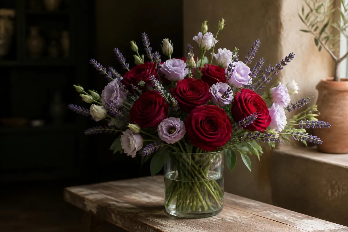 Signature hand-tied bouquet of red roses with lavender and lisianthus, made to order in Kitty, Georgetown