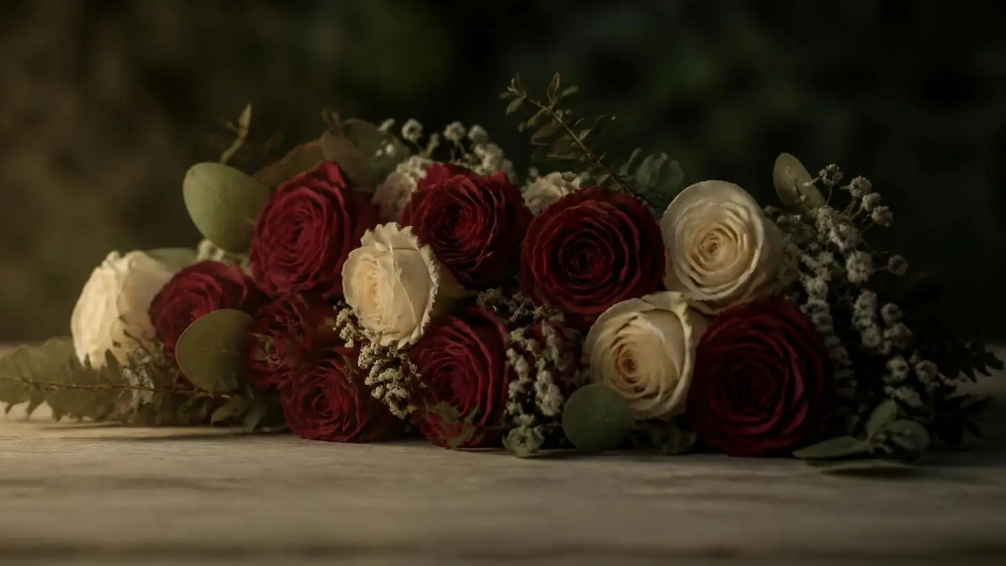 Red and cream roses with baby’s breath, a romance bouquet for same-day delivery across Georgetown