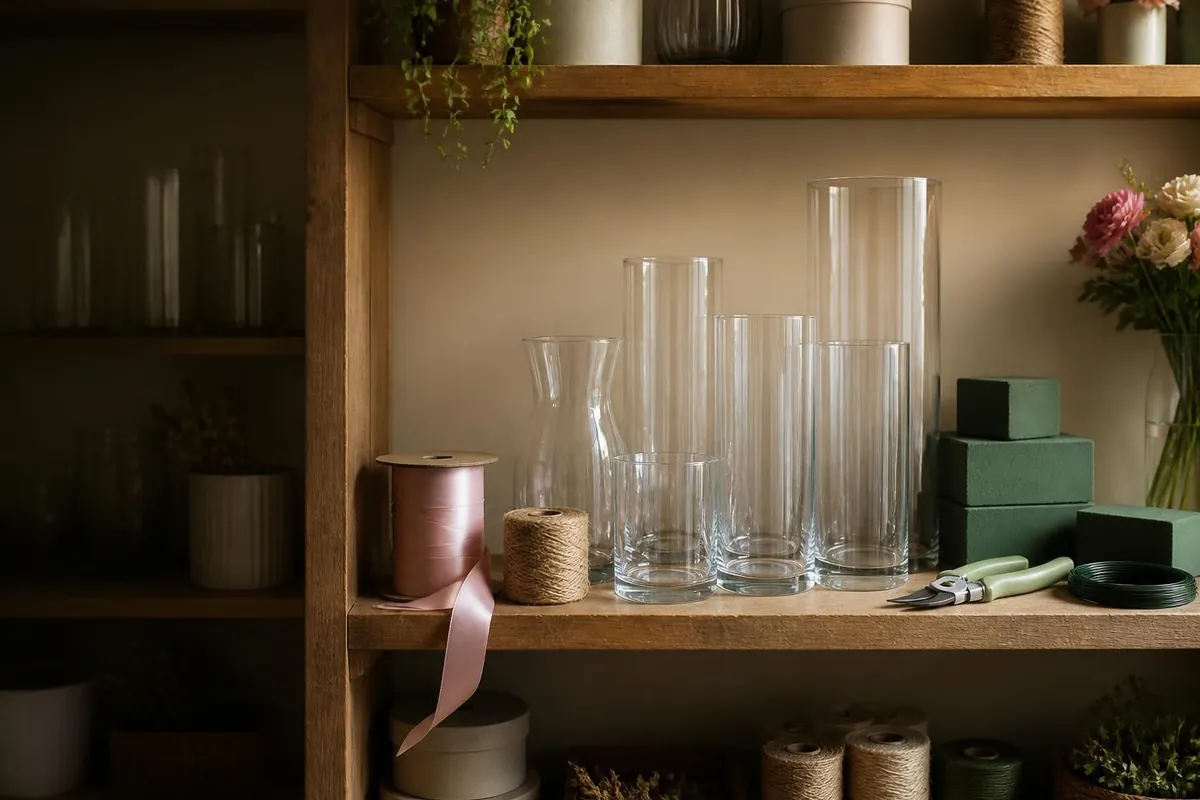 Florist supplies on a shelf — vases, flower food and stem-care products for home arrangers in Georgetown