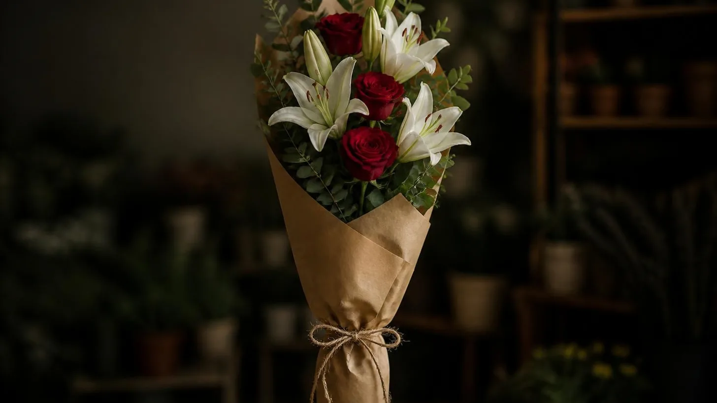 Hand-tied bouquet of white lilies and red roses wrapped in kraft paper at The Little Plant Shop in Georgetown