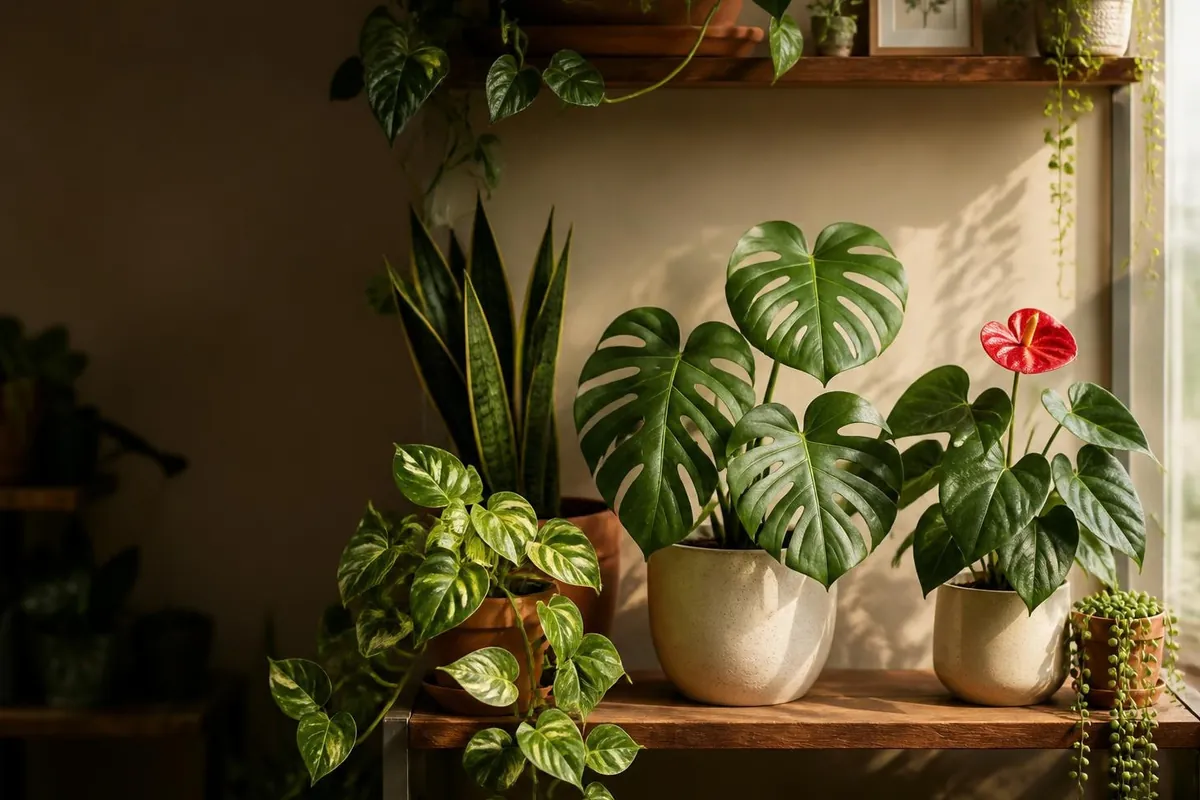Shelf of potted houseplants at our Kitty plant shop, including indoor and outdoor varieties for Guyana’s climate