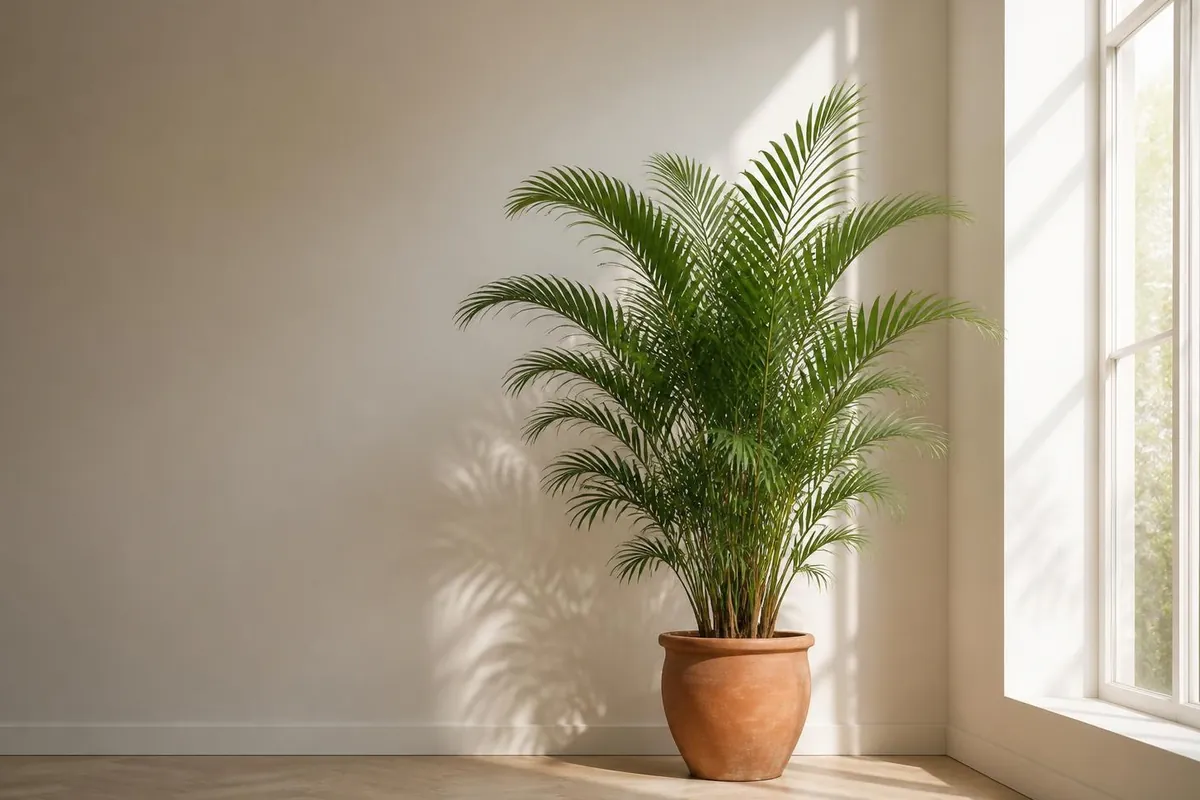 Large leafy statement plant in a bright corner, the kind of palm and monstera we source for Georgetown homes and offices