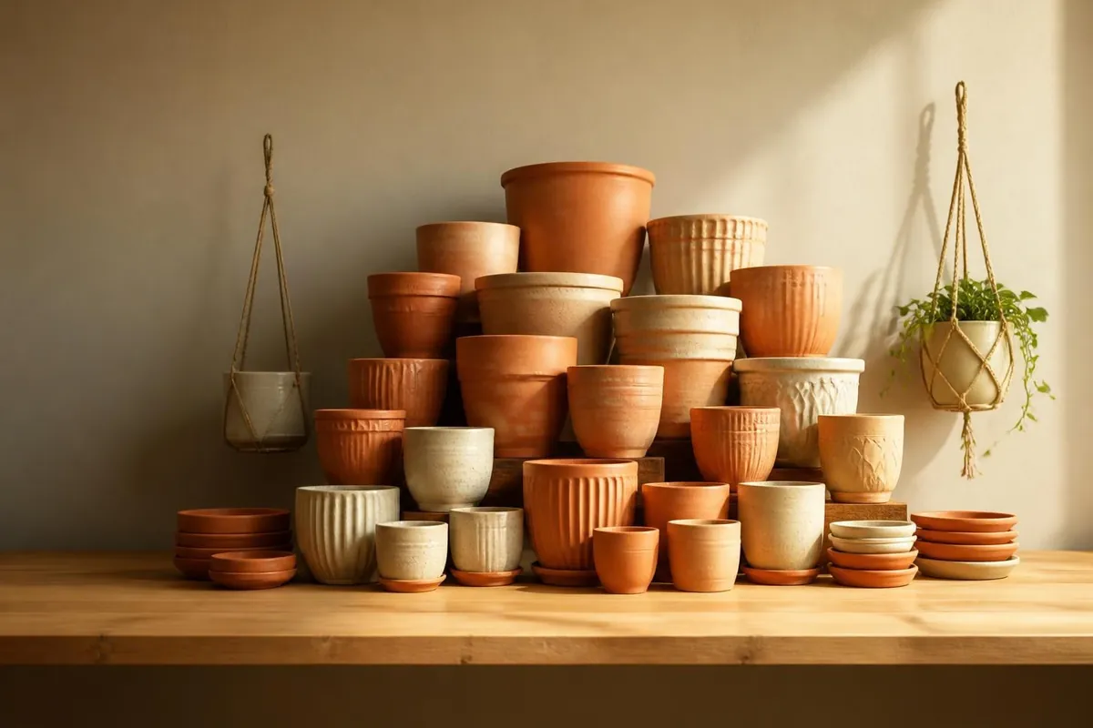 Stacked terracotta and ceramic pots and planters, sized and drained for healthy root growth