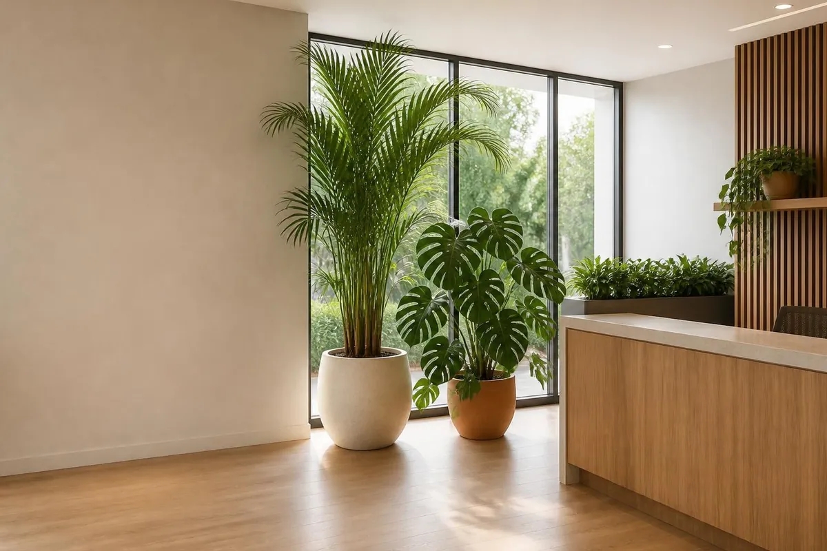 Modern office lobby filled with large potted plants, the kind of space we keep green on a plant rental in Georgetown