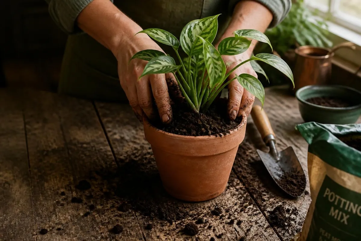 Hands repotting a houseplant with fresh soil at the bench during a repotting service in Georgetown