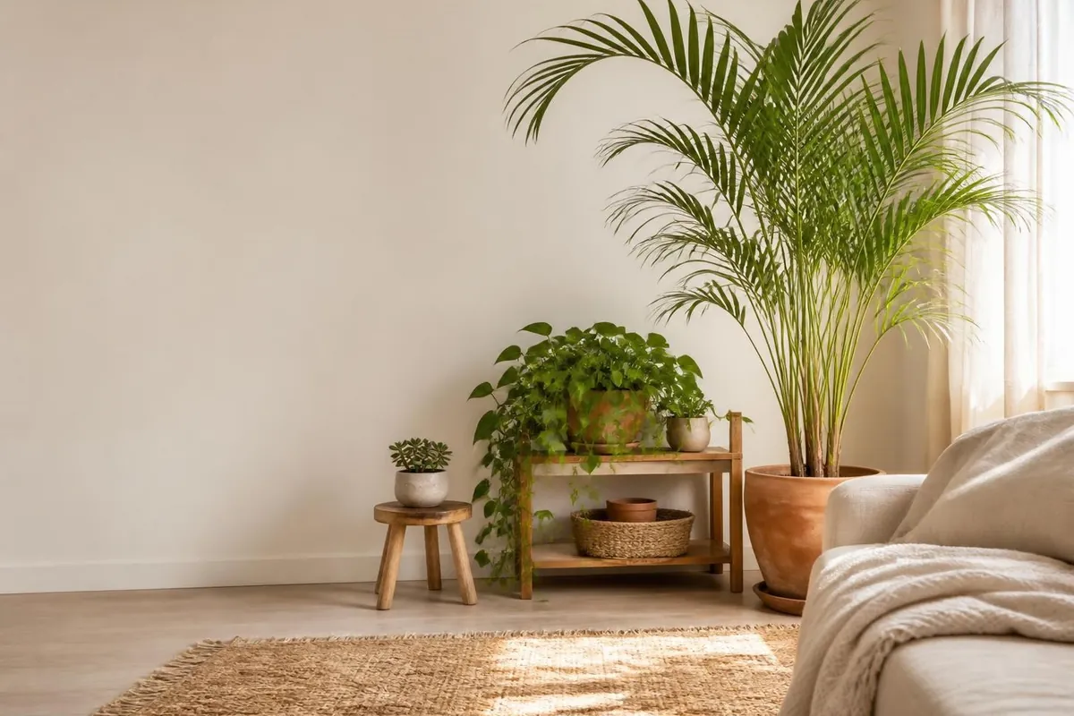 Living room corner layered with potted houseplants at different heights, the result of a plant styling consultation in Georgetown