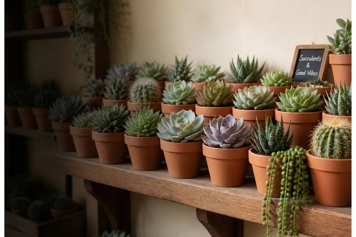 Shelf of potted succulents and cacti at our Georgetown plant shop, beginner-friendly and hard to kill