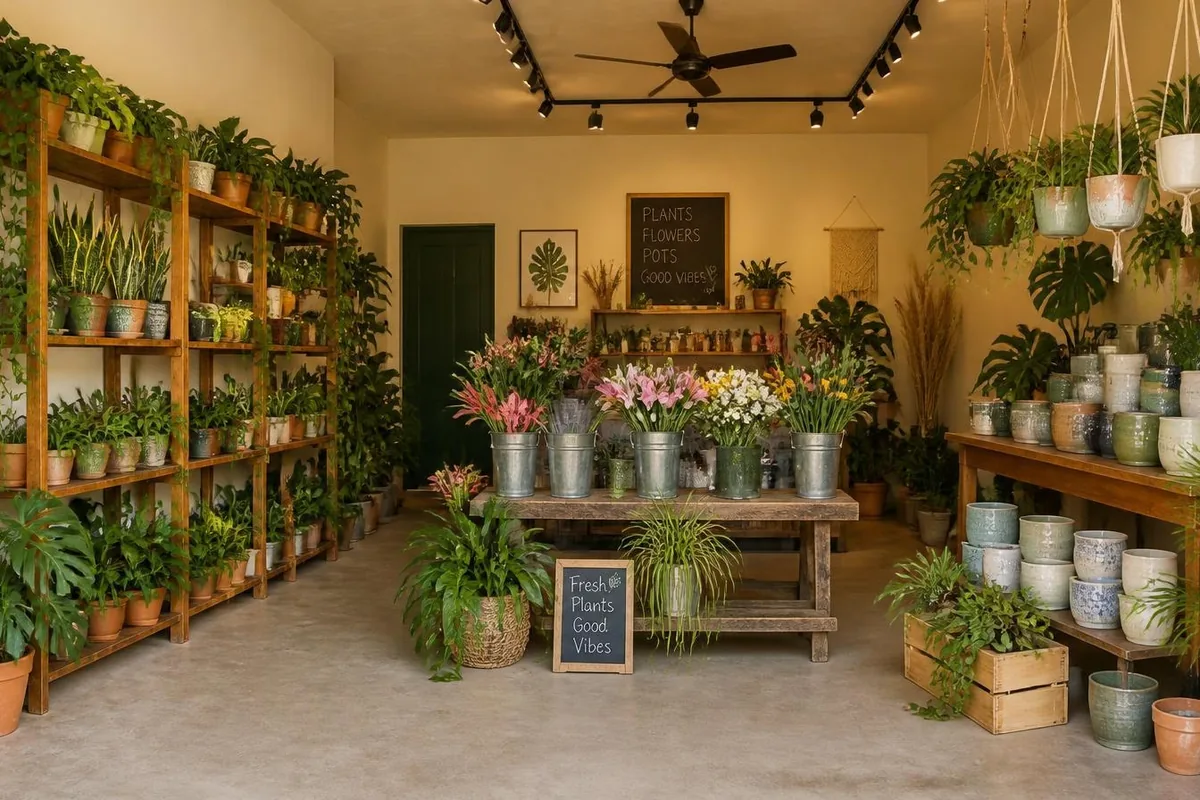 Inside The Little Plant Shop on Barr Street, Kitty, with shelves of plants and fresh-cut blooms